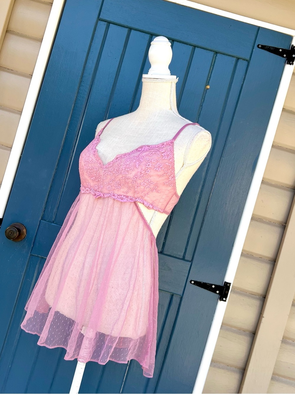 VTG Victoria's Secret Pink Lace & Flocked Dot Mesh Babydoll Slip Dress Women’s S